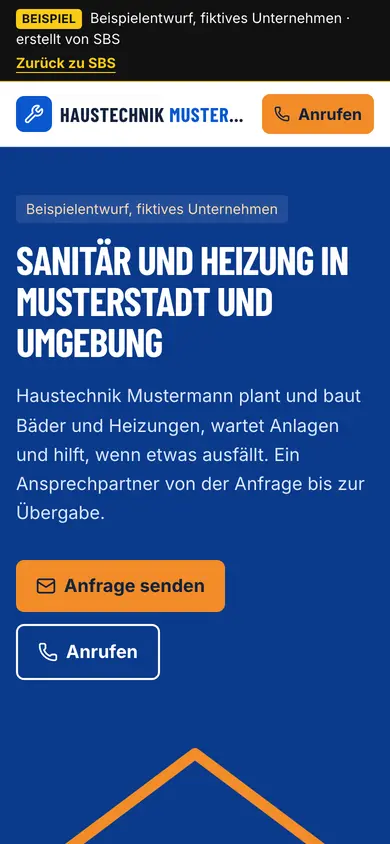 Webseite erstellen lassen für Handwerker: Beispielentwurf Sanitär- und Heizungsbetrieb – Mobilansicht