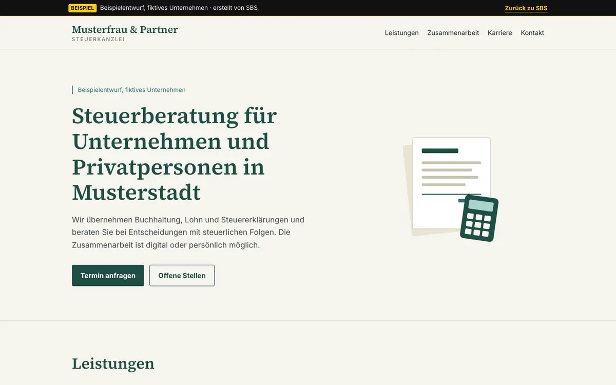 Webseite erstellen lassen für Steuerkanzleien: Beispielentwurf mit Karriereseite – Desktop-Ansicht