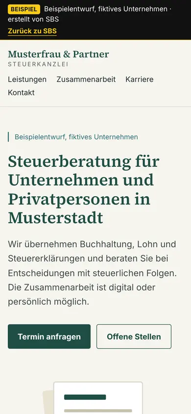 Webseite erstellen lassen für Steuerkanzleien: Beispielentwurf mit Karriereseite – Mobilansicht